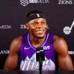 Utah Jazz forward Oscar Tshiebwe (44) talks to the media during media day at Zions Bank Basketball Campus.