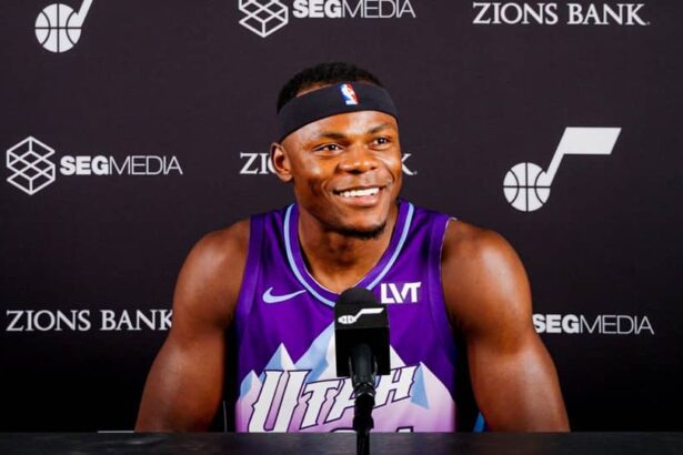 Utah Jazz forward Oscar Tshiebwe (44) talks to the media during media day at Zions Bank Basketball Campus.