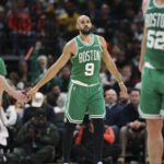 Feb 4, 2026; Houston, Texas, USA; Boston Celtics guard Derrick White (9) reacts after a play during the third quarter against the Houston Rockets at Toyota Center. Mandatory Credit: Troy Taormina-Imagn Images