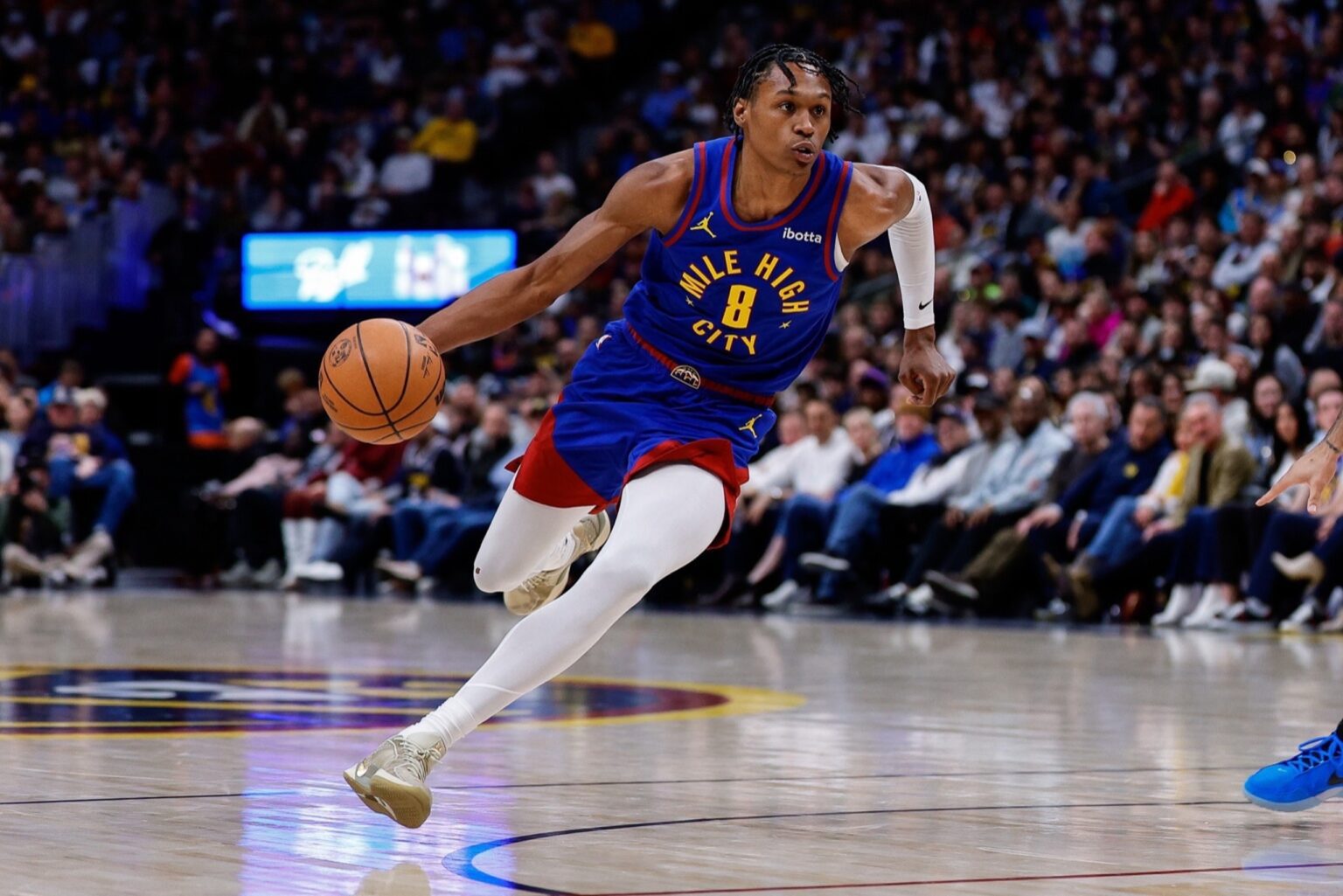 Feb 1, 2026; Denver, Colorado, USA; Denver Nuggets guard Peyton Watson (8) controls the ball in the third quarter against the Oklahoma City Thunder at Ball Arena. Mandatory Credit: Isaiah J. Downing-Imagn Images