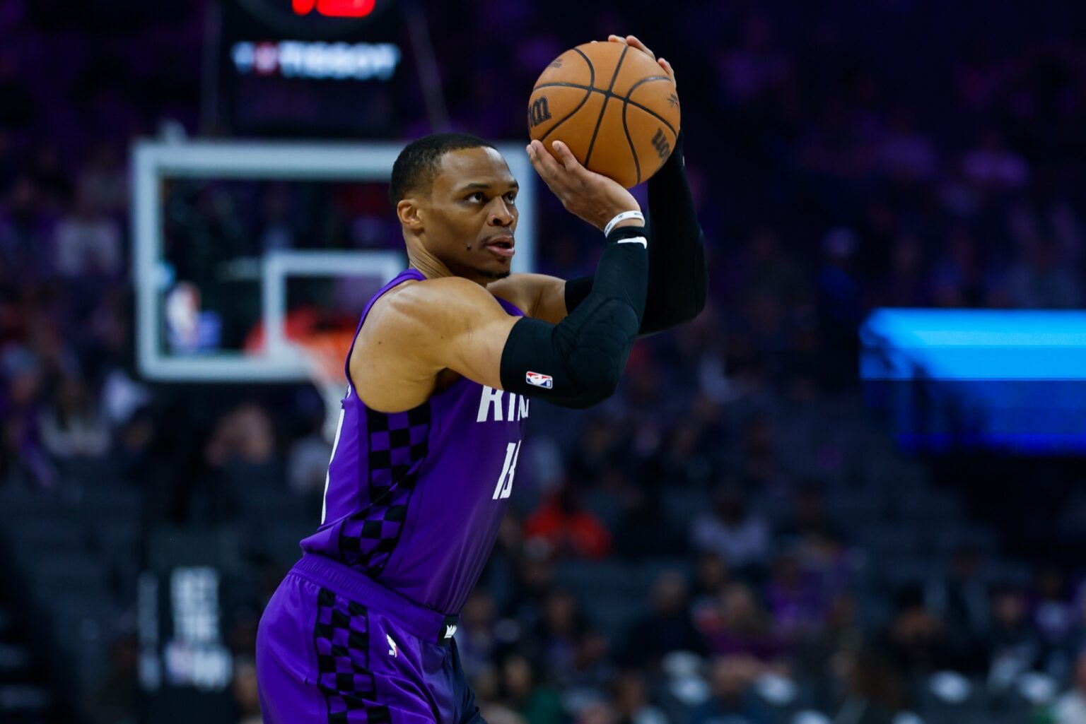 Feb 6, 2026; Sacramento, California, USA; Sacramento Kings guard Russell Westbrook (18) shoots the ball during the first quarter against the Los Angeles Clippers at Golden 1 Center. Mandatory Credit: Sergio Estrada-Imagn Images