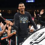 Feb 19, 2026; Austin, Texas, USA; San Antonio Spurs forward Victor Wembanyama (1) leads the crowd in a cheer after a victory over the Phoenix Suns at Moody Center. Mandatory Credit: Scott Wachter-Imagn Images