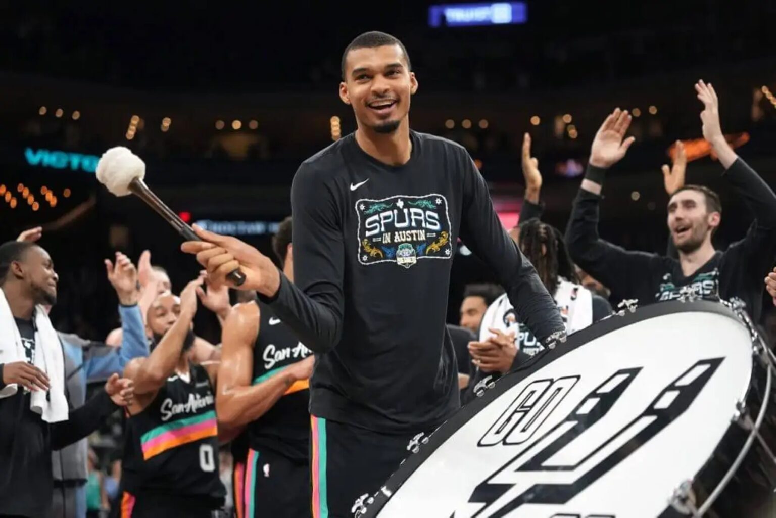 Feb 19, 2026; Austin, Texas, USA; San Antonio Spurs forward Victor Wembanyama (1) leads the crowd in a cheer after a victory over the Phoenix Suns at Moody Center. Mandatory Credit: Scott Wachter-Imagn Images
