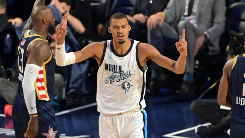 Victor Wembanyama celebrates after scoring at the 2026 All-Star Game. Mandatory Credit: Jayne Kamin-Oncea-Imagn Images