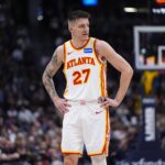 Atlanta Hawks guard Vit Krejci (27) looks on during the second quarter against the Denver Nuggets at Ball Arena.