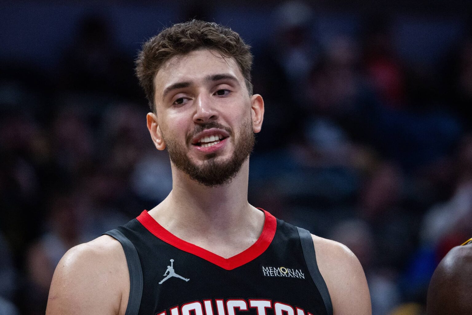Indianapolis, Indiana, USA; Houston Rockets center Alperen Sengun (28) in the second half against the Indiana Pacers at Gainbridge Fieldhouse. Mandatory Credit: Trevor Ruszkowski-Imagn Images