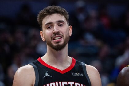 Indianapolis, Indiana, USA; Houston Rockets center Alperen Sengun (28) in the second half against the Indiana Pacers at Gainbridge Fieldhouse. Mandatory Credit: Trevor Ruszkowski-Imagn Images