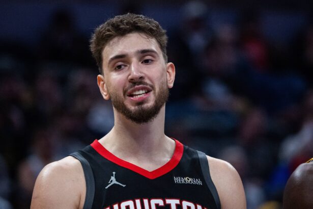 Indianapolis, Indiana, USA; Houston Rockets center Alperen Sengun (28) in the second half against the Indiana Pacers at Gainbridge Fieldhouse. Mandatory Credit: Trevor Ruszkowski-Imagn Images