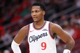 HOUSTON, TEXAS - Bennedict Mathurin #9 of the Los Angeles Clippers looks on during the first half of the game against the Houston Rockets at Toyota Center on February 11, 2026 in Houston, Texas.