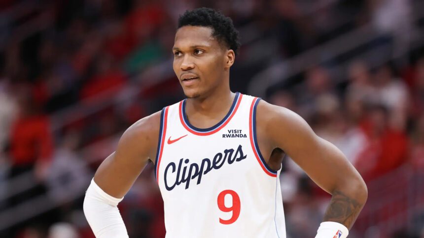 HOUSTON, TEXAS - Bennedict Mathurin #9 of the Los Angeles Clippers looks on during the first half of the game against the Houston Rockets at Toyota Center on February 11, 2026 in Houston, Texas.
