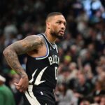 Apr 27, 2025; Milwaukee, Wisconsin, USA; Milwaukee Bucks guard Damian Lillard (0) looks on in the first quarter during game four against the Indiana Pacers of first round for the 2024 NBA Playoffs at Fiserv Forum. Lillard left the game early in the in the first quarter with an injury. Mandatory Credit: Benny Sieu-Imagn Images