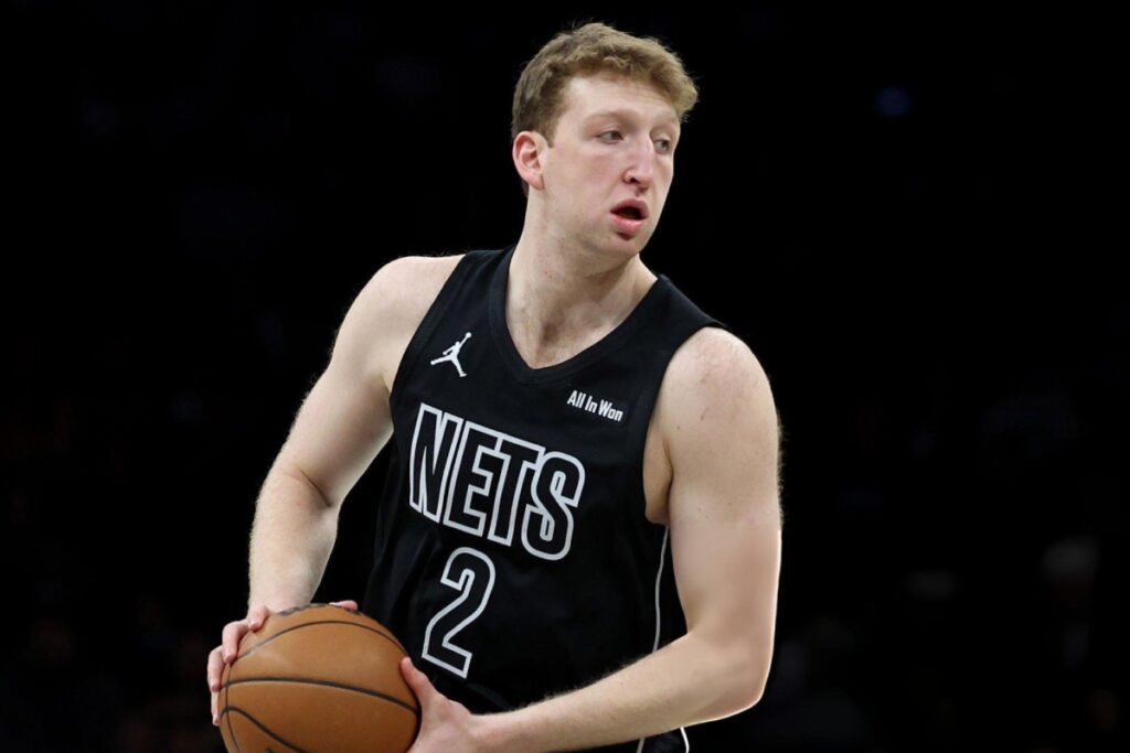 NEW YORK, NEW YORK - FEBRUARY 07: Danny Wolf #2 of the Brooklyn Nets looks to pass during the first half against the Washington Wizards at Barclays Center on February 07, 2026 in New York City. (Photo by Jordan Bank/Getty Images)