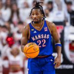 LUBBOCK, TEXAS - FEBRUARY 02: Darryn Peterson #22 of the Kansas Jayhawks handles the ball during the first half of the game against the Texas Tech Red Raiders at United Supermarkets Arena on February 02, 2026 in Lubbock, Texas. (Photo by John E. Moore III/Getty Images)