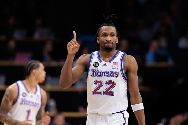 BOULDER, COLORADO - JANUARY 20: Darryn Peterson #22 of the Kansas Jayhawks reacts during the first half against the Colorado Buffaloes at the CU Events Center on January 20, 2026 in Boulder, Colorado. (Photo by Andrew Wevers/Getty Images)