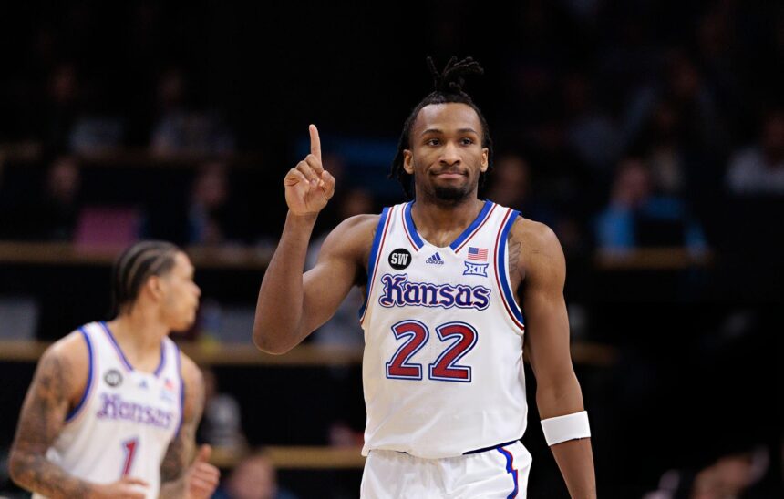 BOULDER, COLORADO - JANUARY 20: Darryn Peterson #22 of the Kansas Jayhawks reacts during the first half against the Colorado Buffaloes at the CU Events Center on January 20, 2026 in Boulder, Colorado. (Photo by Andrew Wevers/Getty Images)