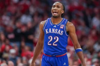 Kansas Jayhawks freshman guard Darryn Peterson lets out a shout during a men’s college basketball exhibition game against the Louisville Cardinals at the KFC Yum! Center in Louisville, Kentucky on Friday, October 24, 2025. (Michael Hickey/Getty Images)