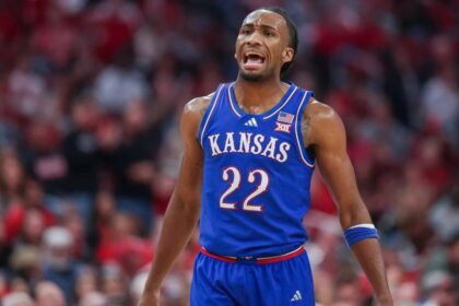 Kansas Jayhawks freshman guard Darryn Peterson lets out a shout during a men’s college basketball exhibition game against the Louisville Cardinals at the KFC Yum! Center in Louisville, Kentucky on Friday, October 24, 2025. (Michael Hickey/Getty Images)