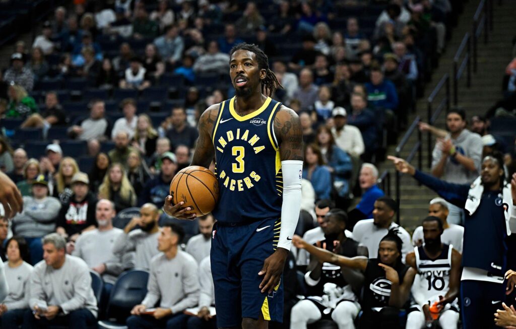 MINNEAPOLIS, MINNESOTA - OCTOBER 7: Delon Wright #3 of the Indiana Pacers looks on against the Minnesota Timberwolves during the second quarter of the preseason game at Target Center on October 7, 2025 in Minneapolis, Minnesota. NOTE TO USER: User expressly acknowledges and agrees that, by downloading and or using this photograph, User is consenting to the terms and conditions of the Getty Images License Agreement. (Photo by Stephen Maturen/Getty Images)