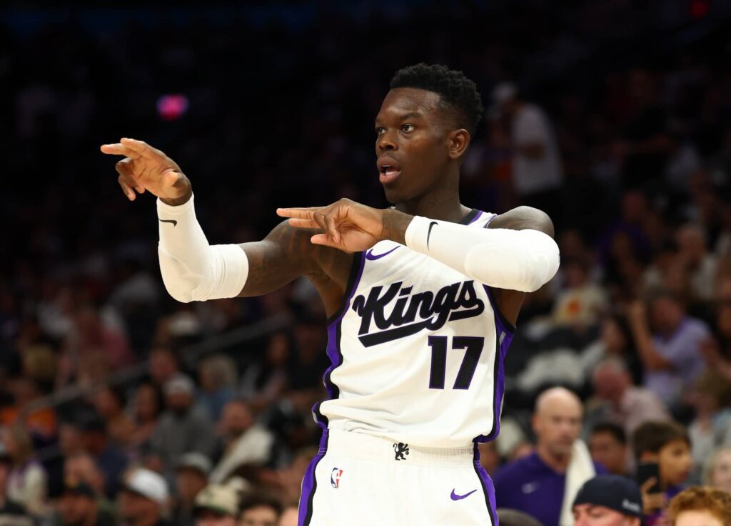 Phoenix, Arizona, USA; Sacramento Kings guard Dennis Schroder (17) reacts against the Phoenix Suns at the Mortgage Matchup Center. Mandatory Credit: Mark J. Rebilas-Imagn Images