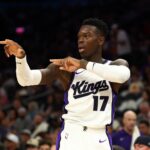 Phoenix, Arizona, USA; Sacramento Kings guard Dennis Schroder (17) reacts against the Phoenix Suns at the Mortgage Matchup Center. Mandatory Credit: Mark J. Rebilas-Imagn Images