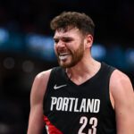 WASHINGTON, DC - JANUARY 27: Donovan Clingan #23 of the Portland Trail Blazers celebrates after scoring a basket against the Washington Wizards during the first half at Capital One Arena on January 27, 2026 in Washington, DC. (Photo by Scott Taetsch/Getty Images)