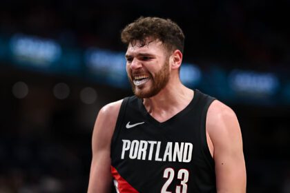WASHINGTON, DC - JANUARY 27: Donovan Clingan #23 of the Portland Trail Blazers celebrates after scoring a basket against the Washington Wizards during the first half at Capital One Arena on January 27, 2026 in Washington, DC. (Photo by Scott Taetsch/Getty Images)