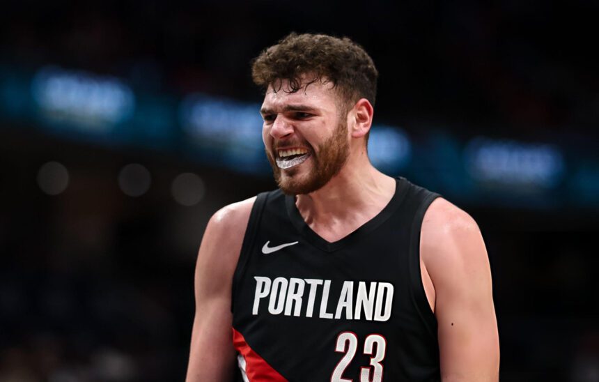 WASHINGTON, DC - JANUARY 27: Donovan Clingan #23 of the Portland Trail Blazers celebrates after scoring a basket against the Washington Wizards during the first half at Capital One Arena on January 27, 2026 in Washington, DC. (Photo by Scott Taetsch/Getty Images)