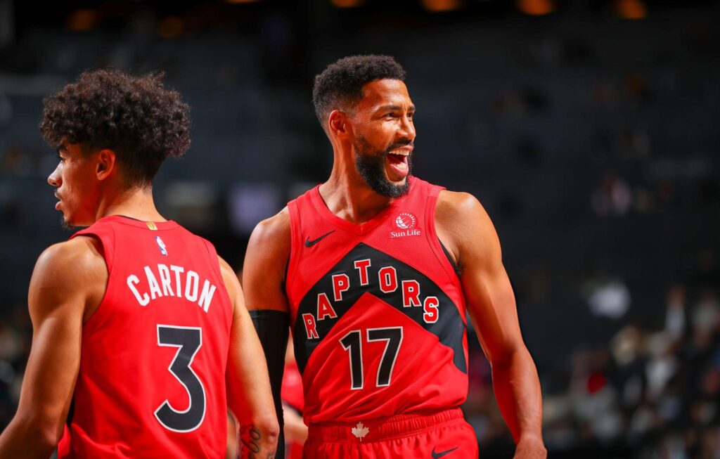 BROOKLYN, NY - OCTOBER 18: Garrett Temple #17 of the Toronto Raptors looks on during the game on October 18, 2024 at Barclays Center in Brooklyn, New York. NOTE TO USER: User expressly acknowledges and agrees that, by downloading and or using this Photograph, user is consenting to the terms and conditions of the Getty Images License Agreement. Mandatory Copyright Notice: Copyright 2024 NBAE (Photo by David L. Nemec/NBAE via Getty Images)
