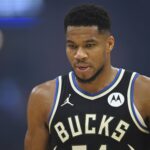 Cleveland, Ohio, USA; Milwaukee Bucks forward Giannis Antetokounmpo (34) walks on the court in the first quarter against the Cleveland Cavaliers at Rocket Arena. Mandatory Credit: David Richard-Imagn Images