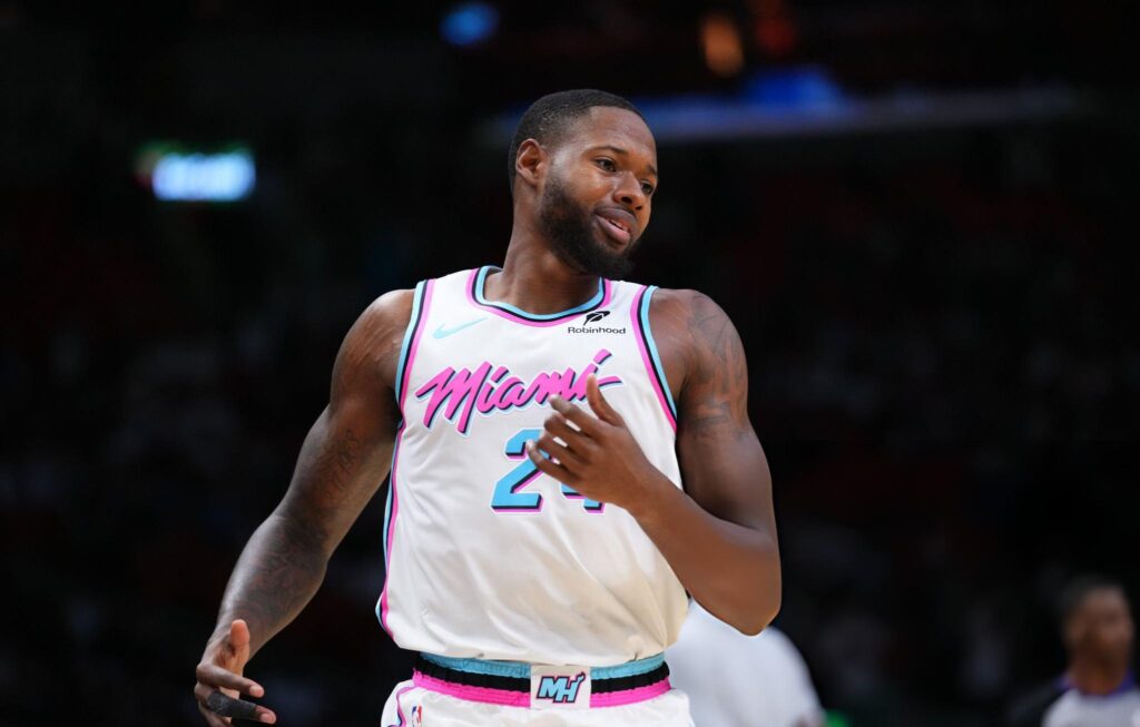 MIAMI, FLORIDA - JANUARY 27: Haywood Highsmith #24 of the Miami Heat looks on against the Orlando Magic during the fourth quarter at Kaseya Center on January 27, 2025 in Miami, Florida. Photo by Rich Storry/Getty Images)