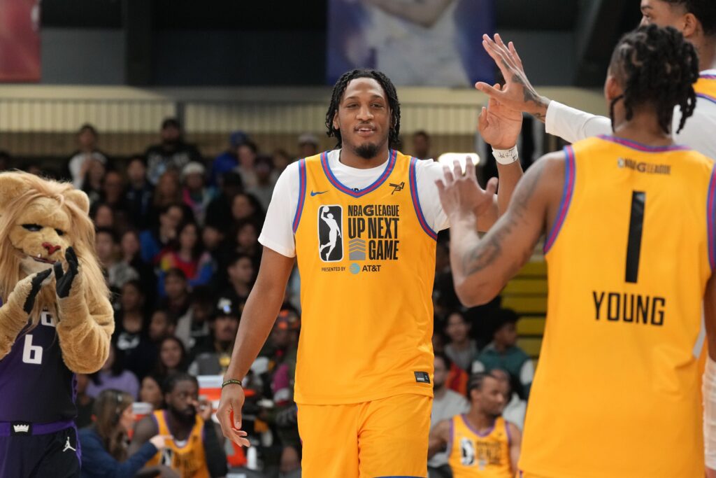 Feb 16, 2025; San Francisco, California, USA; Team Braxton forward Isaac Jones (3) of the Stockton Kings is introduced before the G-League-Next Up Game against Team Earn Your Leisure at Moscone Center. Mandatory Credit: Darren Yamashita-Imagn Images