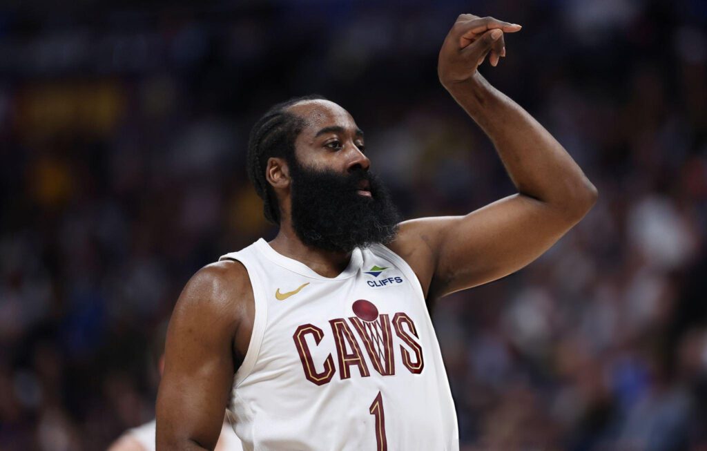 DENVER, COLORADO - FEBRUARY 9: James Harden #1 of the Cleveland Cavaliers shoots a free throw during the third quarter of the game against the Denver Nuggets at Ball Arena on February 9, 2026 in Denver, Colorado. (Photo by Chris Swann/Clarkson Creative/Getty Images)
