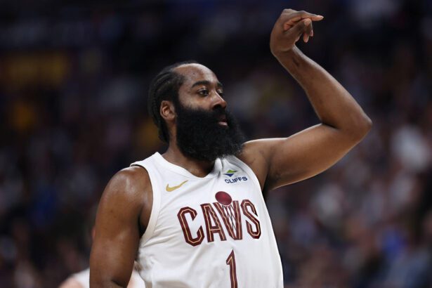 DENVER, COLORADO - FEBRUARY 9: James Harden #1 of the Cleveland Cavaliers shoots a free throw during the third quarter of the game against the Denver Nuggets at Ball Arena on February 9, 2026 in Denver, Colorado. (Photo by Chris Swann/Clarkson Creative/Getty Images)
