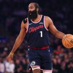 New York, New York, USA; LA Clippers guard James Harden (1) dribbles up court against the New York Knicks during the first quarter at Madison Square Garden. Mandatory Credit: Vincent Carchietta-Imagn Images