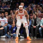 Jose Alvarado #5 of the New York Knicks looks on during the game against the Philadelphia 76ers on February 11, 2026 at the Wells Fargo Center in Philadelphia, Pennsylvania. Mandatory Copyright Notice: Copyright 2026 NBAE (Photo by Jesse D. Garrabrant/NBAE via Getty Images)
