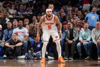 Jose Alvarado #5 of the New York Knicks looks on during the game against the Philadelphia 76ers on February 11, 2026 at the Wells Fargo Center in Philadelphia, Pennsylvania. Mandatory Copyright Notice: Copyright 2026 NBAE (Photo by Jesse D. Garrabrant/NBAE via Getty Images)
