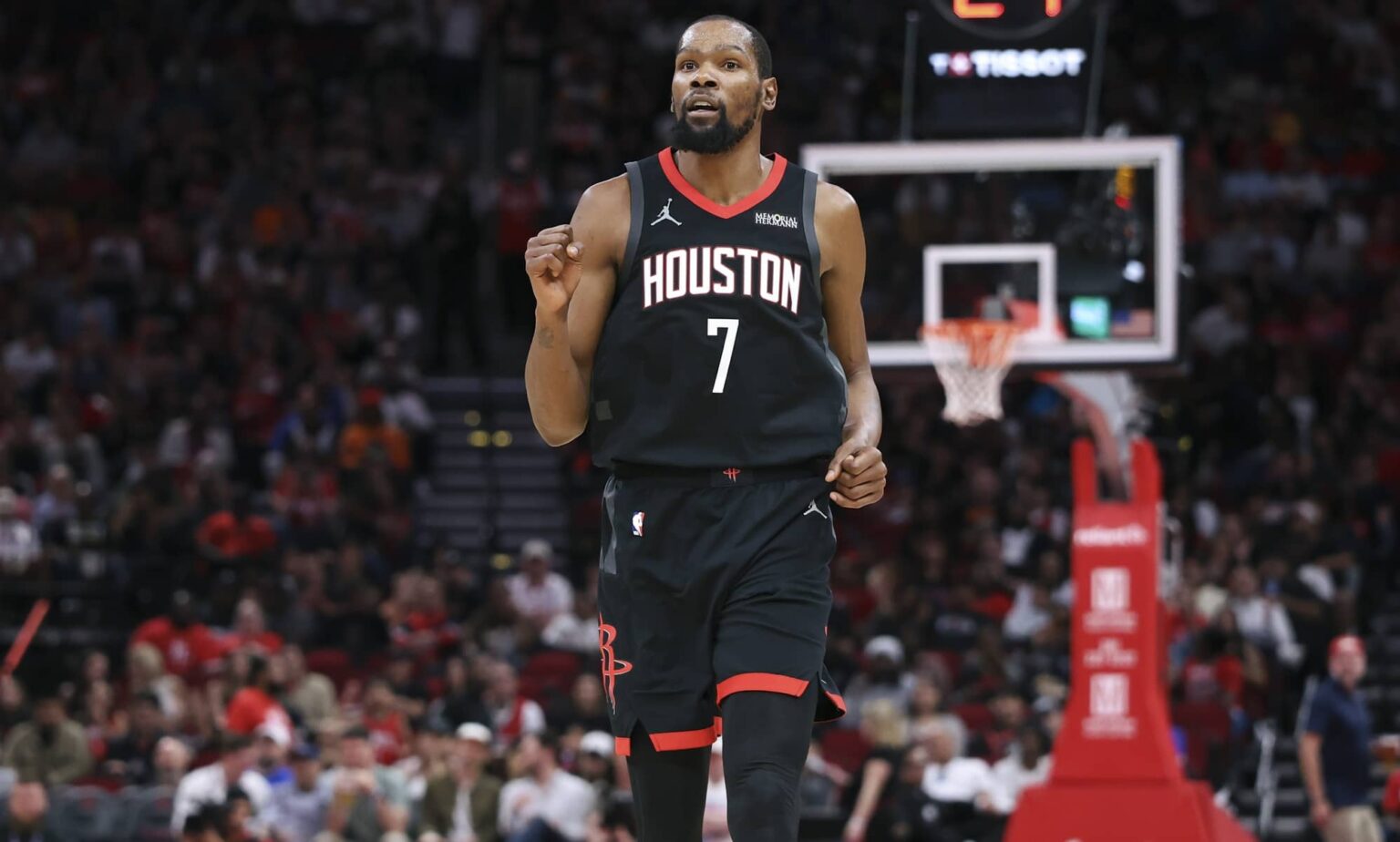 Houston, Texas, USA; Houston Rockets forward Kevin Durant (7) reacts after a play during the third quarter against the Cleveland Cavaliers at Toyota Center. Mandatory Credit: Troy Taormina-Imagn Images