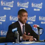 Oakland, CA, USA; Players association advisor Kevin Johnson addresses the media during halftime in game four of the first round of the 2014 NBA Playoffs between the Los Angeles Clippers and the Golden State Warriors at Oracle Arena. Mandatory Credit: Kyle Terada-Imagn Images