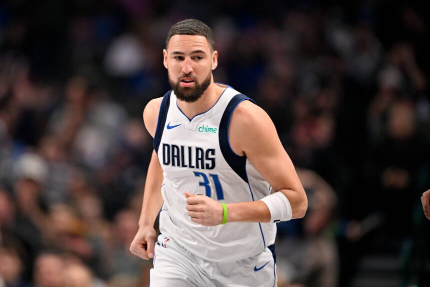 Dallas, Texas, USA; Dallas Mavericks guard Klay Thompson (31) runs back up the court during the first quarter against the Utah Jazz at the American Airlines Center. Mandatory Credit: Jerome Miron-Imagn Images