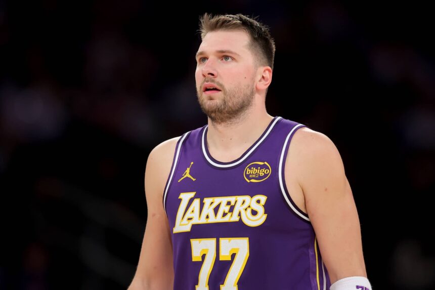 New York, New York, USA; Los Angeles Lakers guard Luka Doncic (77) during the second quarter against the New York Knicks at Madison Square Garden. Mandatory Credit: Brad Penner-Imagn Images