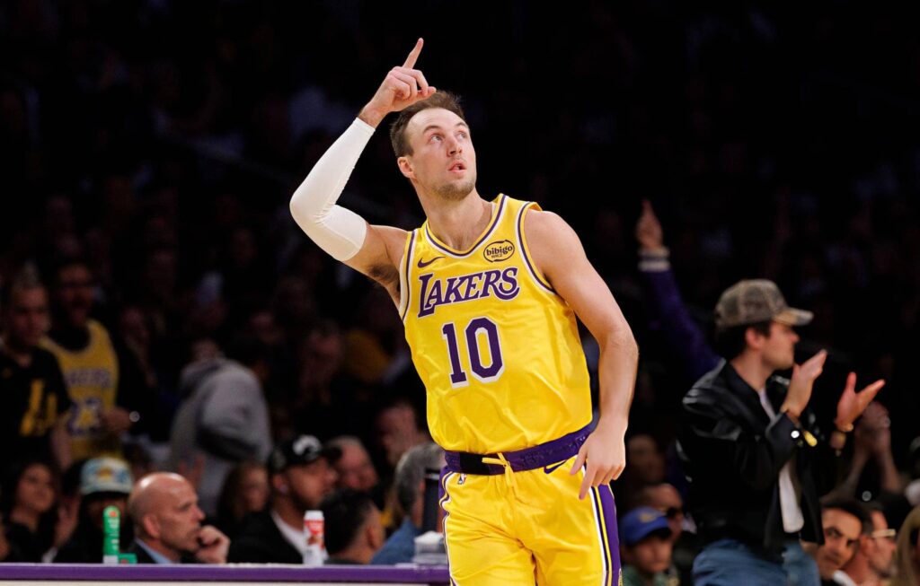 LOS ANGELES, CA - FEBRUARY 7, 2026: Los Angeles Lakers guard Luke Kennard (10) reacts after scoring on a three point shot, his first points in a Lakers uniform against the Golden State Warriors in the first half at Crypto.com Arena on February 7, 2026 in Los Angeles, California.(Gina Ferazzi / Los Angeles Times via Getty Images)