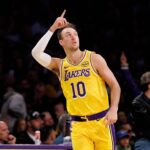 LOS ANGELES, CA - FEBRUARY 7, 2026: Los Angeles Lakers guard Luke Kennard (10) reacts after scoring on a three point shot, his first points in a Lakers uniform against the Golden State Warriors in the first half at Crypto.com Arena on February 7, 2026 in Los Angeles, California.(Gina Ferazzi / Los Angeles Times via Getty Images)