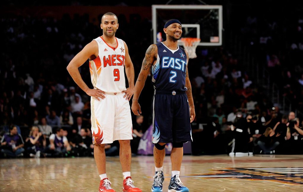 PHOENIX - FEBRUARY 15: Tony Parker #9 of the Western Conference and Mo Williams #2 of the Eastern Conference stand together during the 58th NBA All-Star Game, part of 2009 NBA All-Star Weekend at US Airways Center on February 15, 2009 in Phoenix, Arizona. (Photo by Kevork Djansezian/Getty Images)