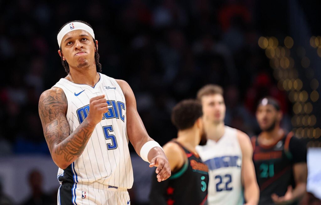 WASHINGTON, DC - DECEMBER 26: Paolo Banchero #5 of the Orlando Magic celebrates after a play against the Washington Wizards during the second half at Capital One Arena on December 26, 2023 in Washington, DC. NOTE TO USER: User expressly acknowledges and agrees that, by downloading and or using this photograph, User is consenting to the terms and conditions of the Getty Images License Agreement. (Photo by Scott Taetsch/Getty Images)