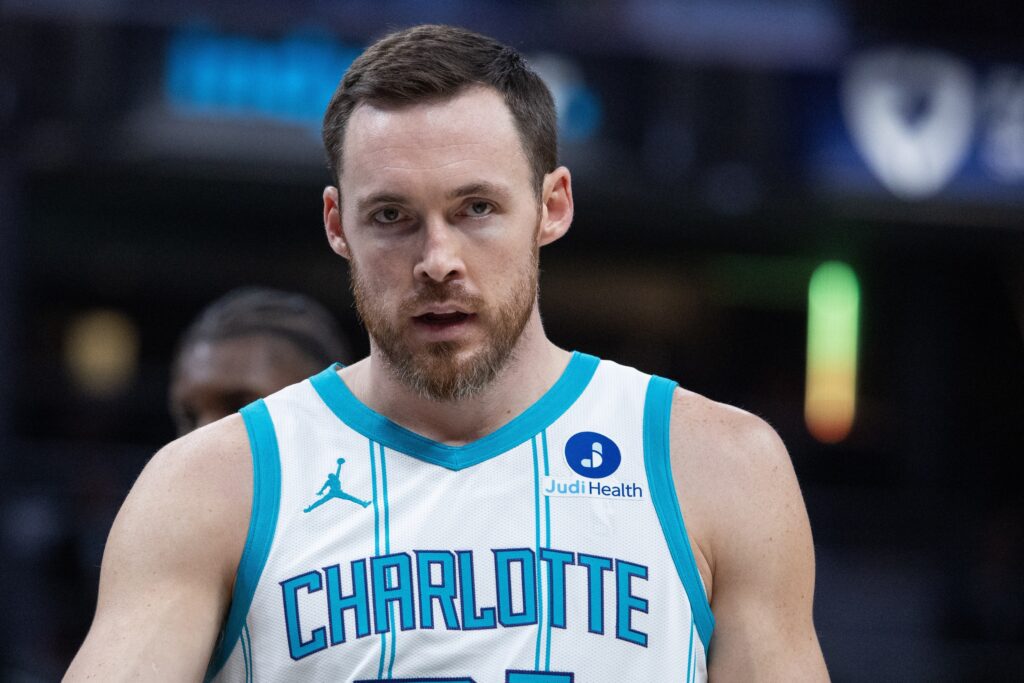Nov 19, 2025; Indianapolis, Indiana, USA; Charlotte Hornets guard Pat Connaughton (21) looks on in the first half at Gainbridge Fieldhouse. Mandatory Credit: Trevor Ruszkowski-Imagn Images