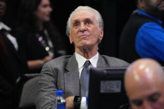 Miami, Florida, USA; Miami Heat team president Pat Riley looks on during the first half of a game against the San Antonio Spurs at FTX Arena. Mandatory Credit: Jim Rassol-Imagn Images