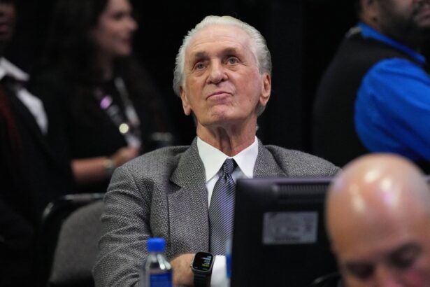 Miami, Florida, USA; Miami Heat team president Pat Riley looks on during the first half of a game against the San Antonio Spurs at FTX Arena. Mandatory Credit: Jim Rassol-Imagn Images
