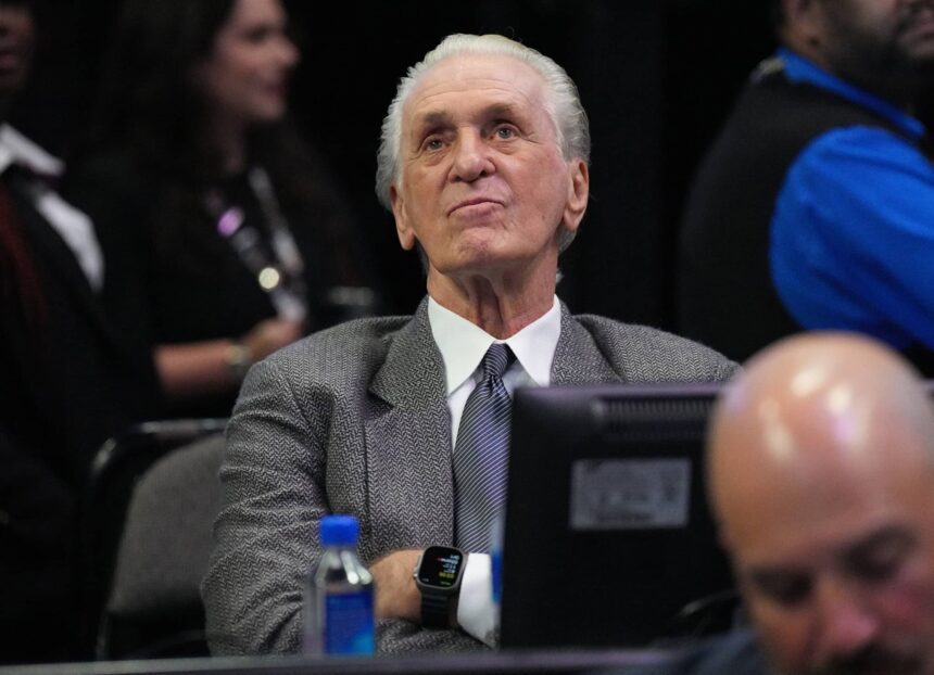 Miami, Florida, USA; Miami Heat team president Pat Riley looks on during the first half of a game against the San Antonio Spurs at FTX Arena. Mandatory Credit: Jim Rassol-Imagn Images