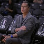 Los Angeles, California, USA; Rob Pelinka, Vice President of Operations watches players warm up prior to the game against the Phoenix Suns at Crypto.com Arena. Mandatory Credit: Jayne Kamin-Oncea-Imagn Images