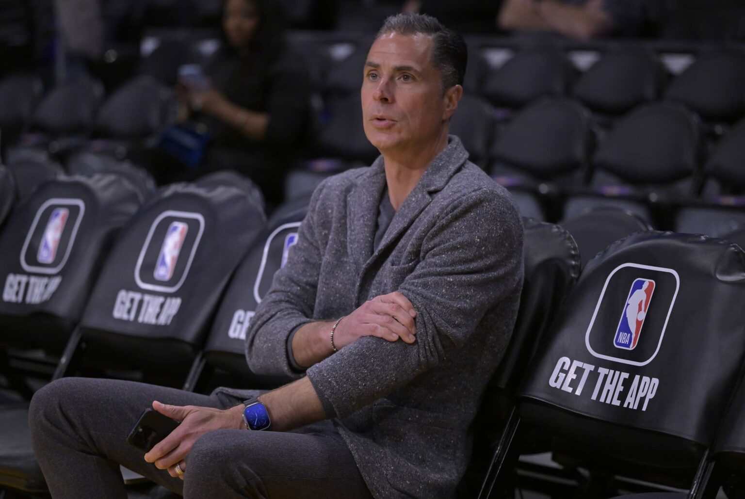 Los Angeles, California, USA; Rob Pelinka, Vice President of Operations watches players warm up prior to the game against the Phoenix Suns at Crypto.com Arena. Mandatory Credit: Jayne Kamin-Oncea-Imagn Images